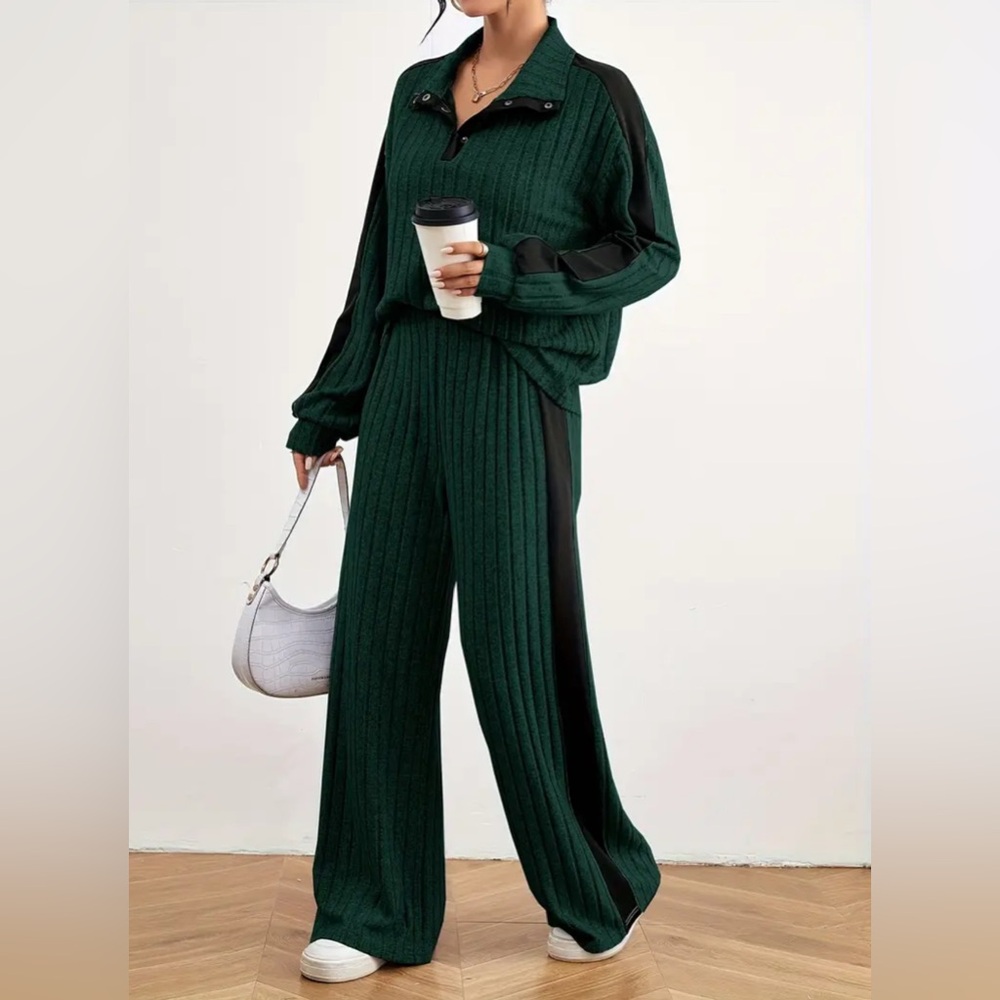 Sweater Cozy Loungewear 2 Piece Set Forest Green Ribbed Knit New oversized